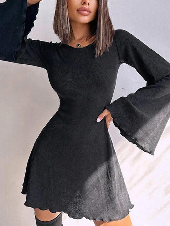 Solid Tie Back Trumpet Sleeve Fungus A Line Mini Dress - AnotherChill