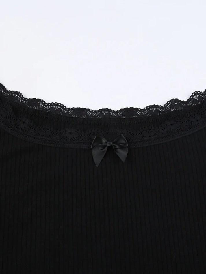 Off Shoulder Lace Splice Bow Decor Long Sleeve Tee - AnotherChill