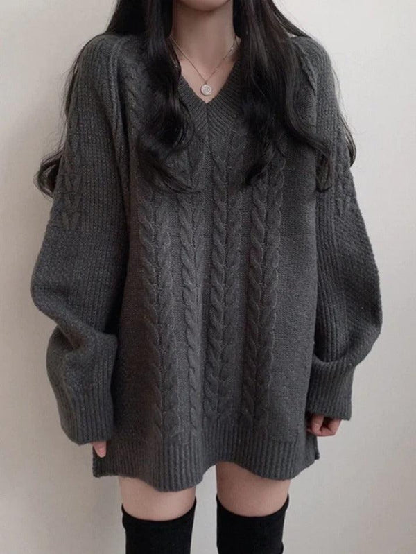 Solid Color V Neck Cable Knit Sweater - AnotherChill