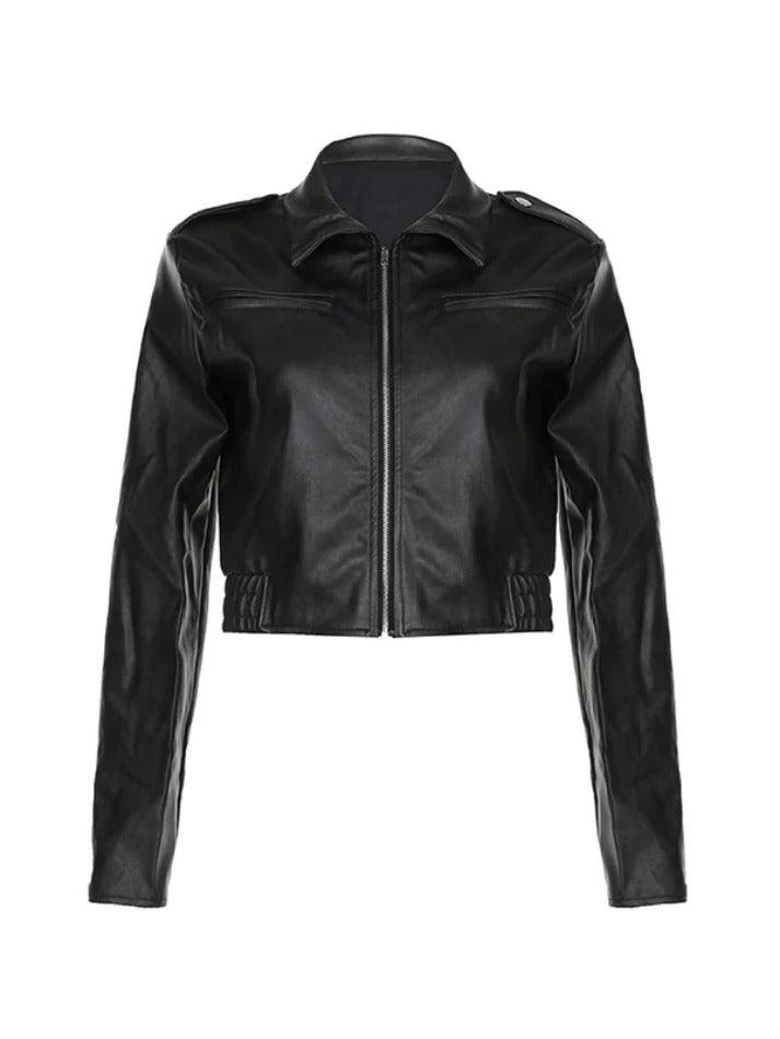 Zip Up Lapel Neck Leather Short Jacket - AnotherChill