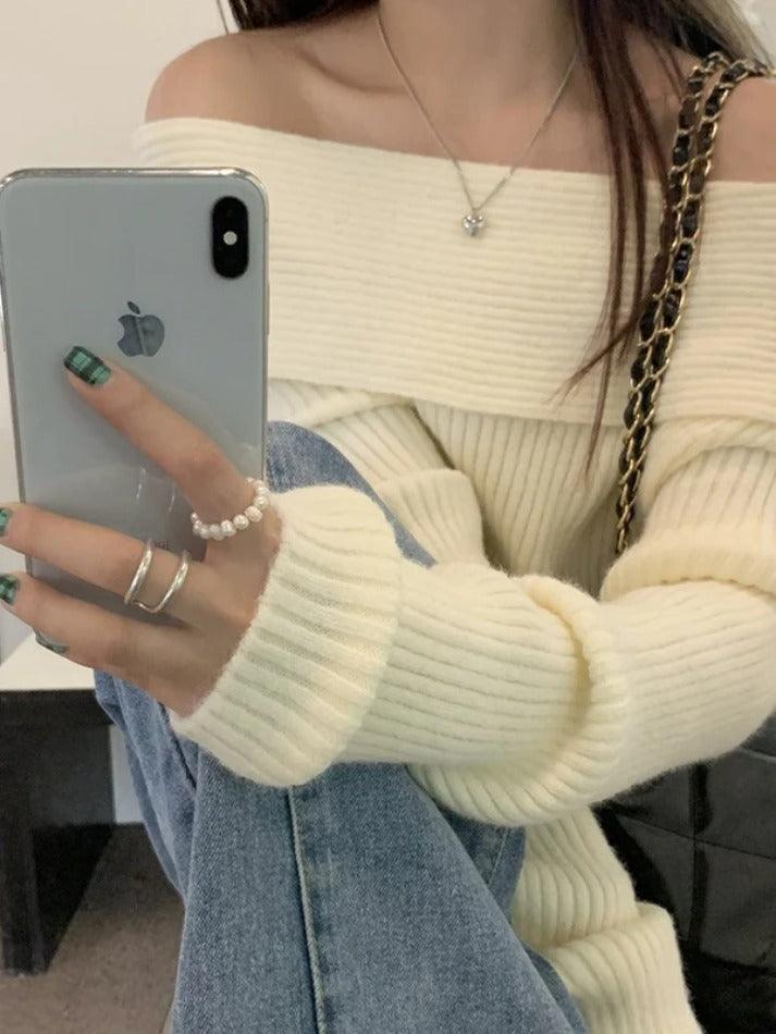 Solid Off Shoulder Knit Sweater - AnotherChill