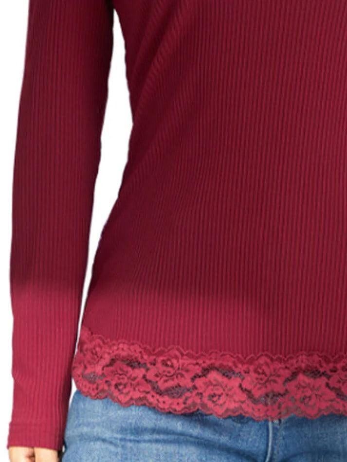 Solid Color Rib Lace Trim Slim Long Sleeve Knit - AnotherChill