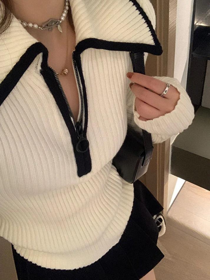 Lapel Neck Half Zip Sweater - AnotherChill