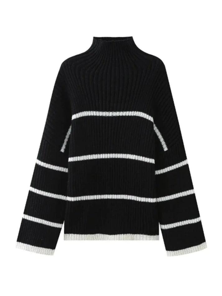Striped High Neck Loose Sweater - AnotherChill