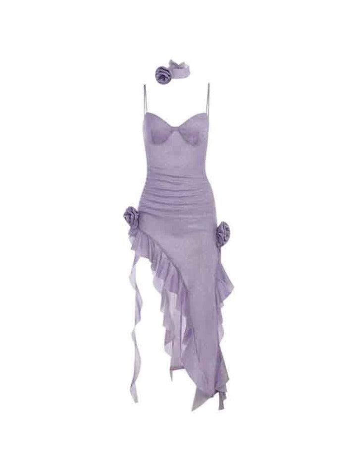 Shiny Ruffle Asymmetric Slit Hem Flower Maxi Dress - AnotherChill