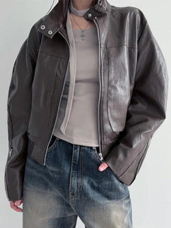 Solid Collar Neck Leather Motorcycle Jacket - AnotherChill