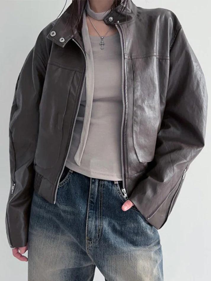 Solid Collar Neck Leather Motorcycle Jacket - AnotherChill