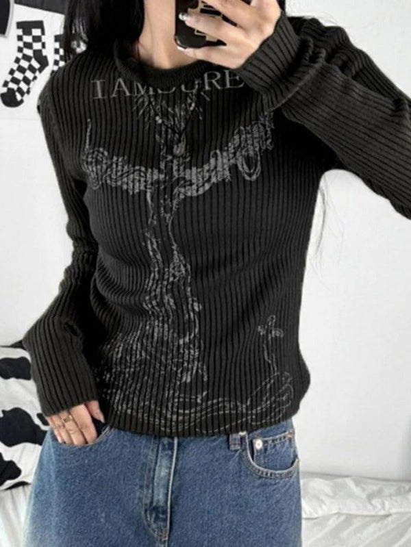 Gothic Print Ribbed Long Sleeve Knit - AnotherChill