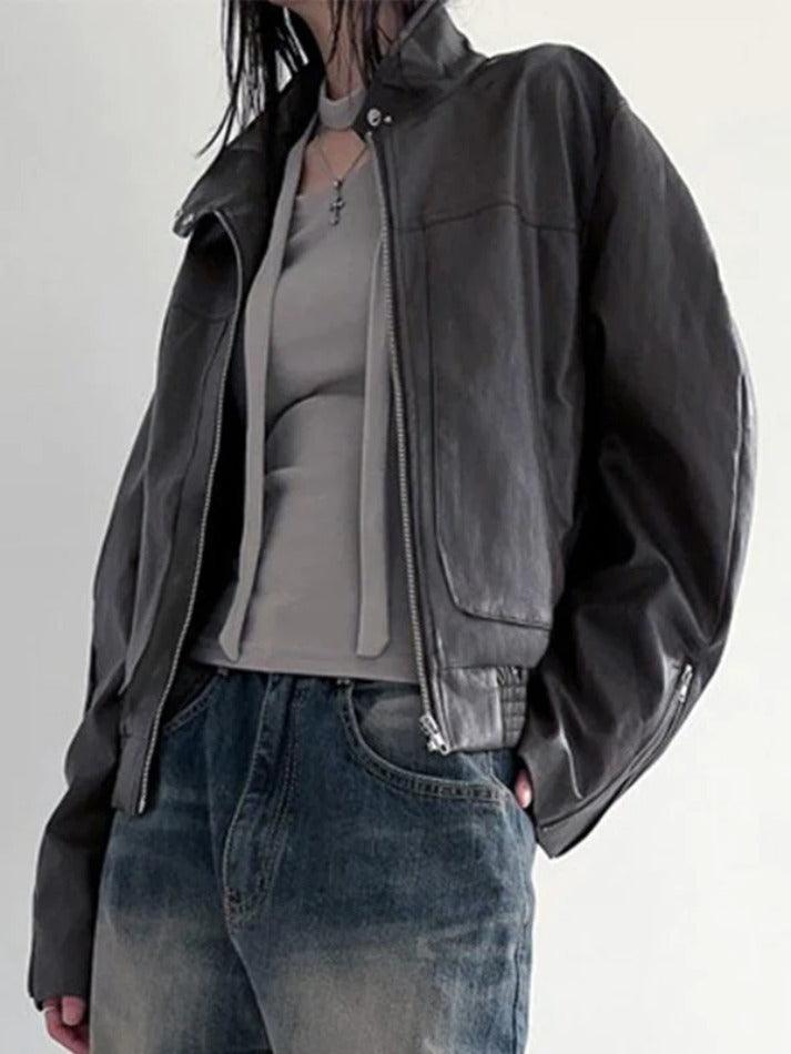 Solid Collar Neck Leather Motorcycle Jacket - AnotherChill