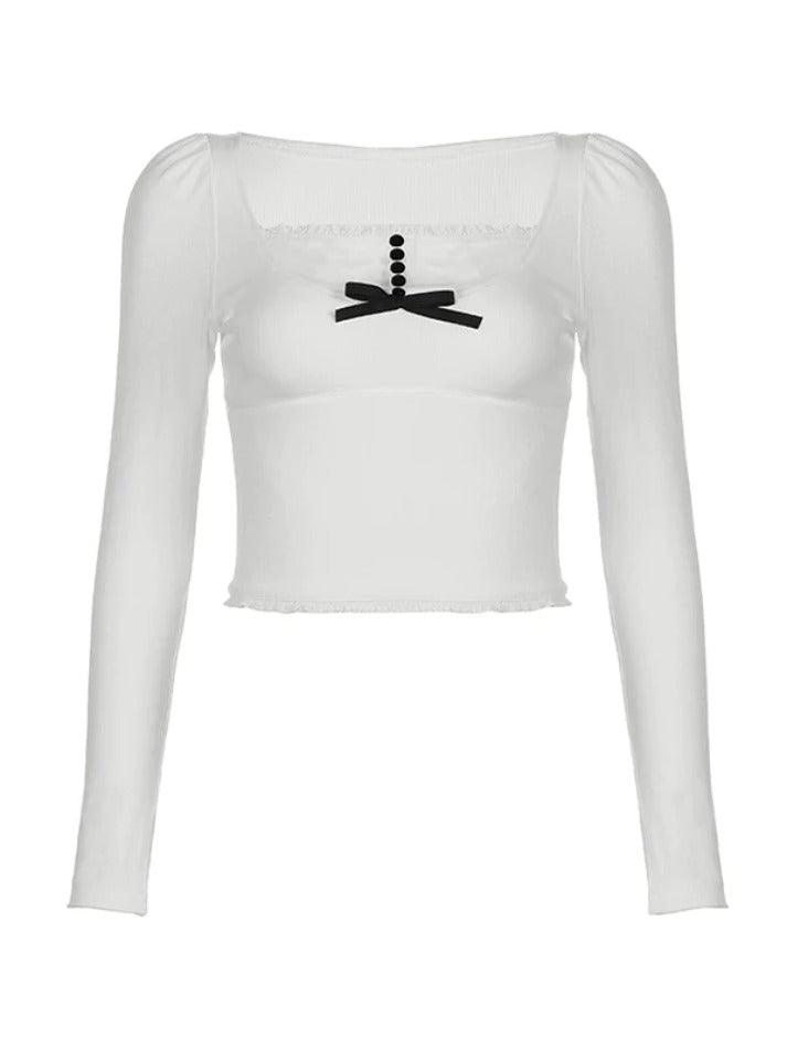 Lace Trim Splice Bow Long Sleeve Knit - AnotherChill