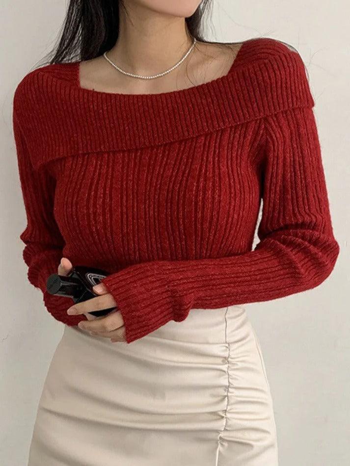 Solid Lapel Neck Slim Knit Sweater - AnotherChill