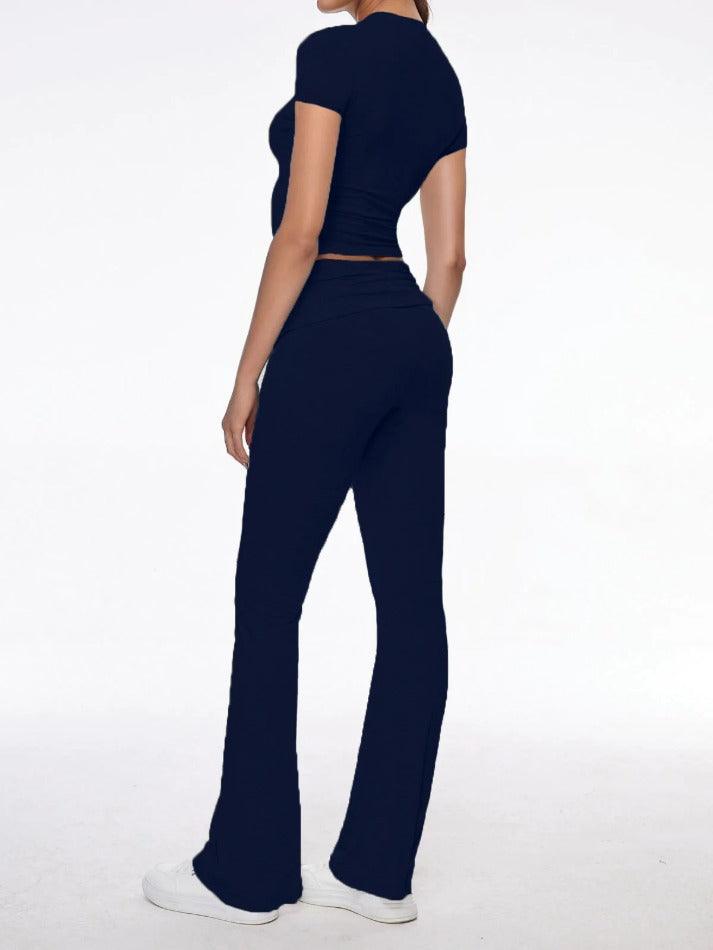 Short Sleeve Cropped Top Fold-over Flare Pants Set - AnotherChill