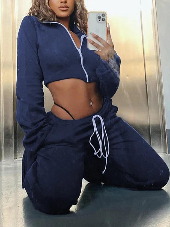 Solid Zip Up Short Tee & Lace Up Pants Set - AnotherChill