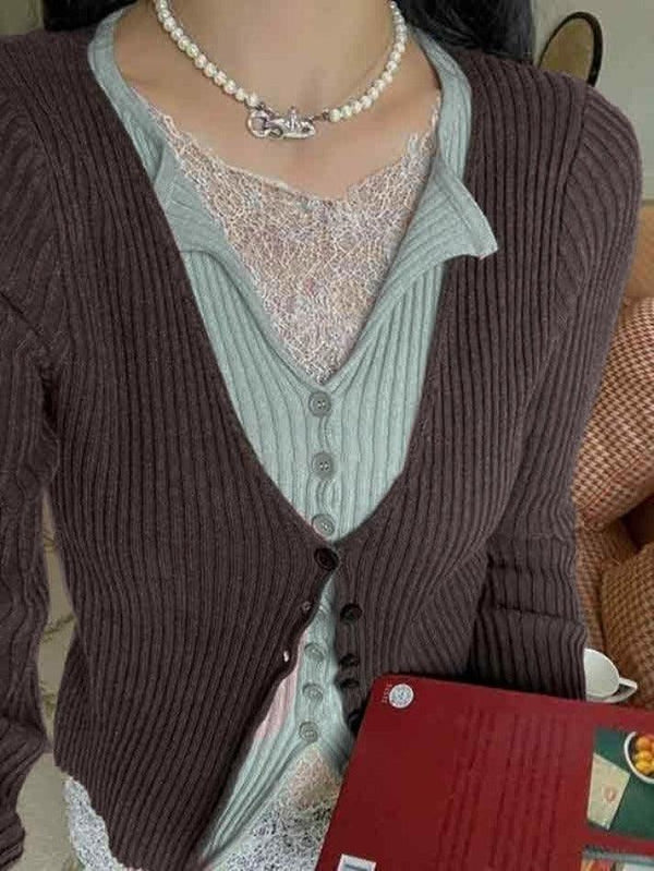Contrast Color Splice Fake Two Piece Long Sleeve Knit - AnotherChill