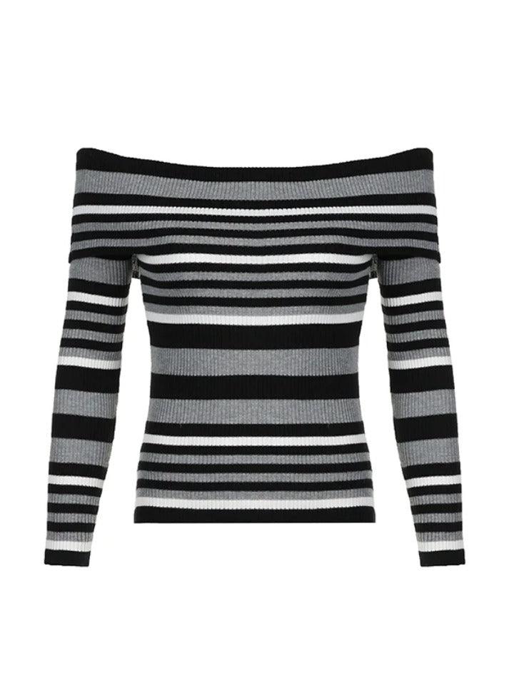 Contrast Color Striped Off Shoulder Slim Sweater - AnotherChill