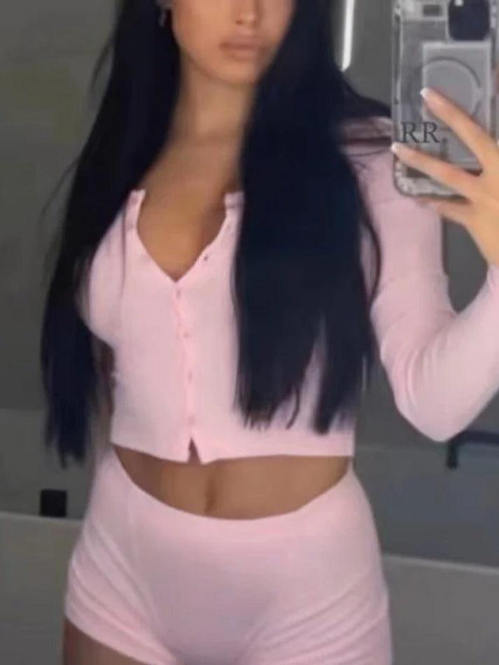 Solid Color Breasted Stretchy Waist Two Piece - AnotherChill