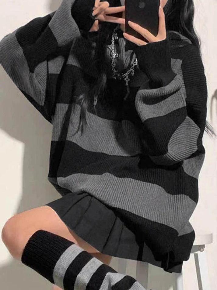 Stripe Splice Hooded Baggy Knit Sweater - AnotherChill