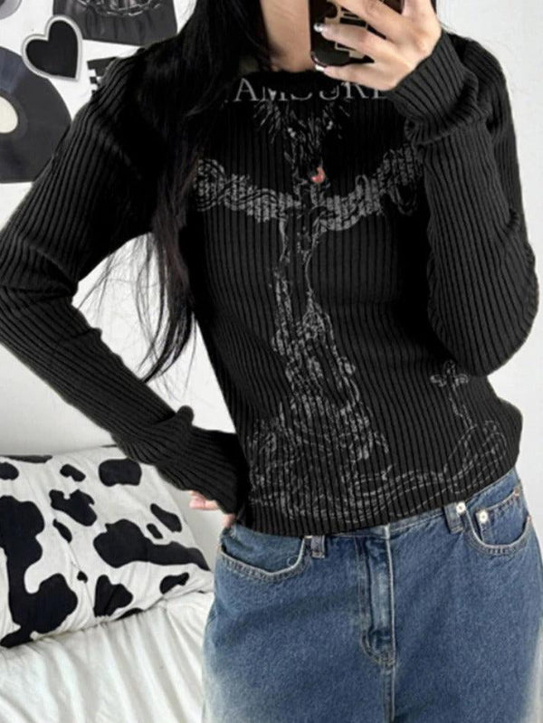 Gothic Print Ribbed Long Sleeve Knit - AnotherChill