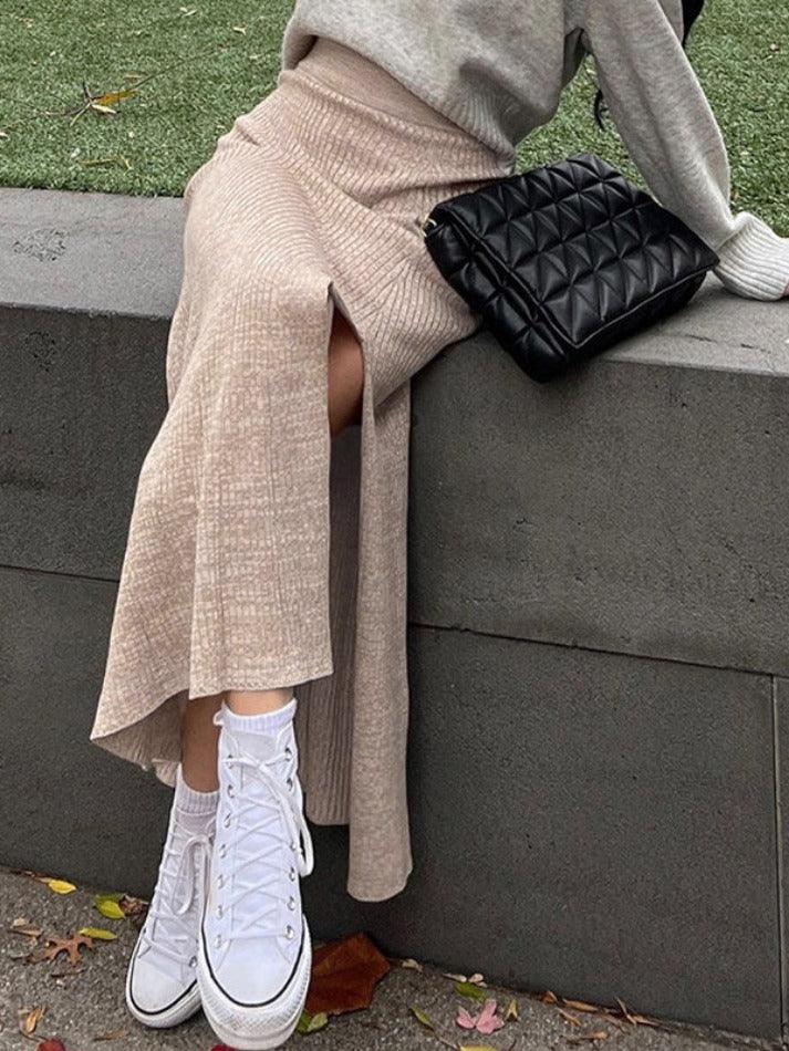 Solid High Rise Slit Knit Midi Skirt - AnotherChill