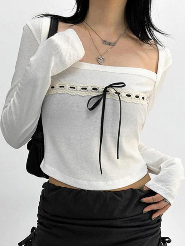 French Square Neck Contrast Color Lacing Long Sleeve Tee - AnotherChill