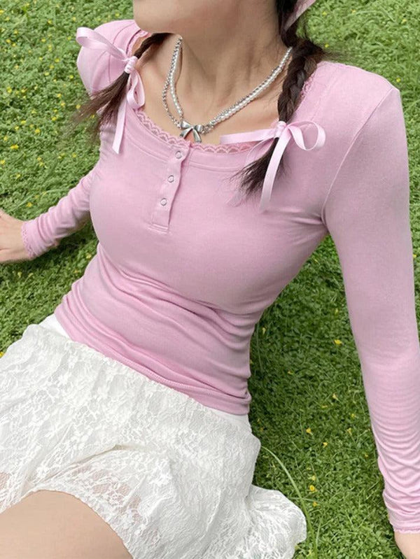 Solid Lace Trim U Neck Slim Long Sleeve Knit - AnotherChill