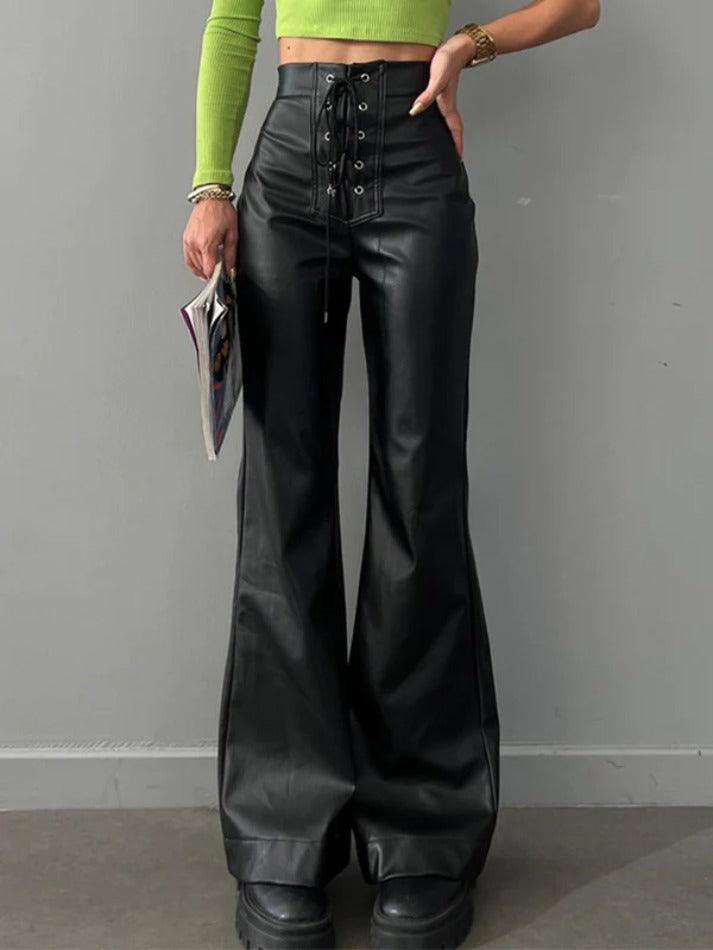 High Rise Tie Front Flared Leather Pants - AnotherChill