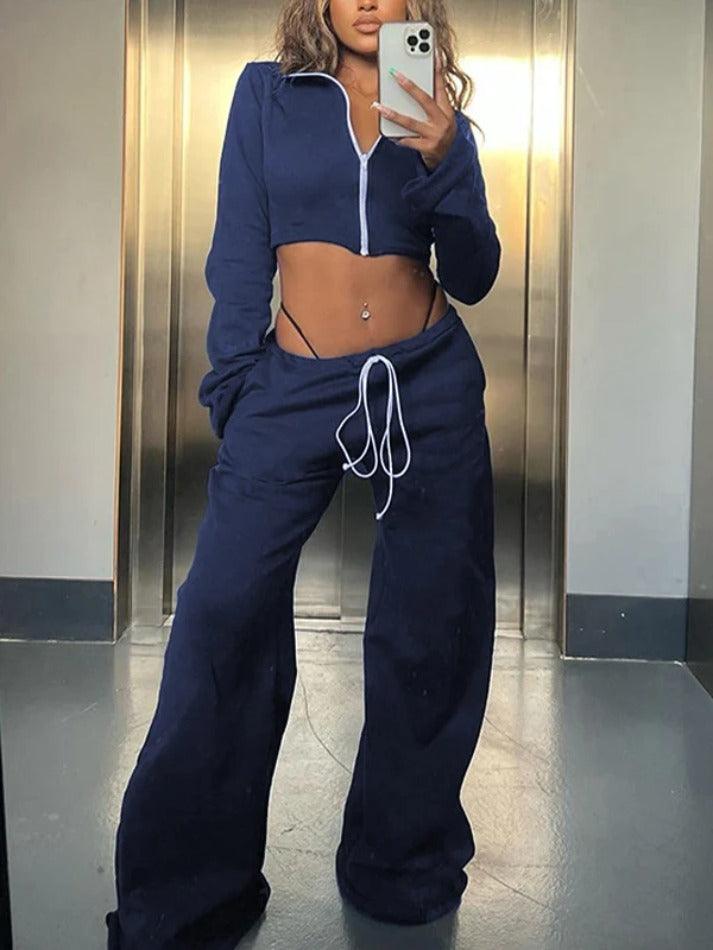 Solid Zip Up Short Tee & Lace Up Pants Set - AnotherChill