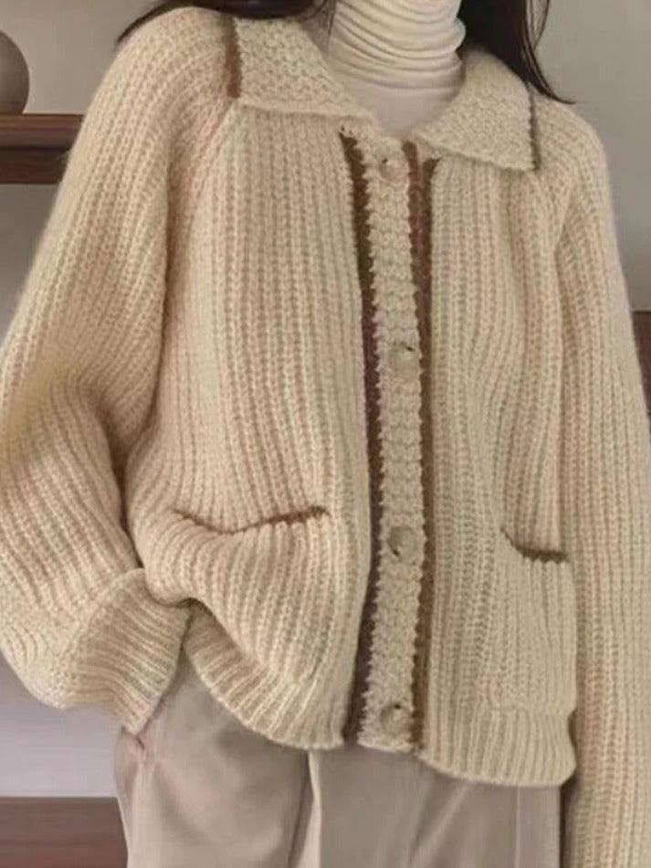Contrast Color Trim Lapel Neck Cardigan - AnotherChill