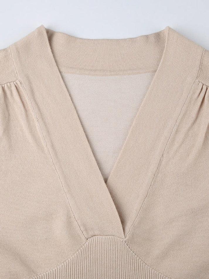 Solid V Neck Ruched Sweater - AnotherChill