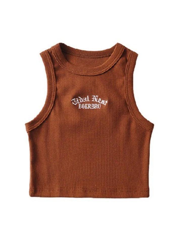 Letter Embroidery Ribbed Cropped Tank Top - AnotherChill