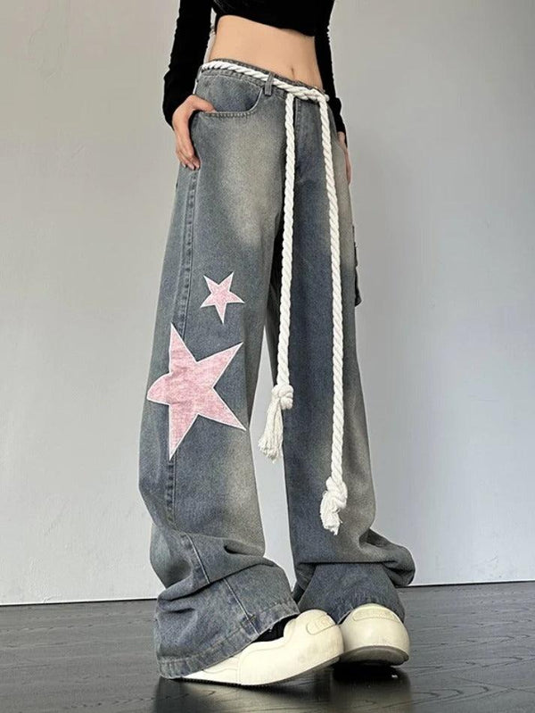 Vintage Star Patch Print Boyfriend Jeans - AnotherChill