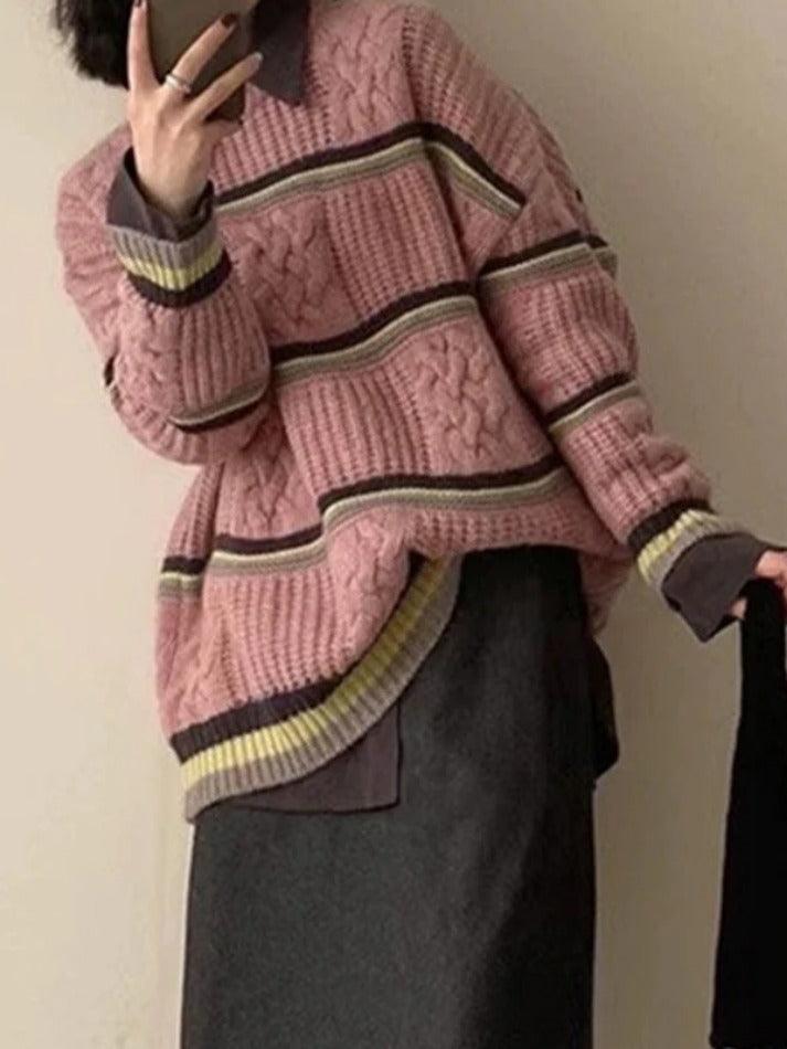 Contrast Color Striped Cable Knit Sweater - AnotherChill