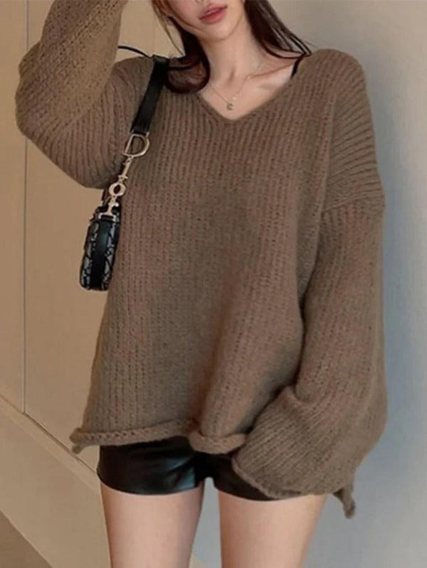 Solid V Neck Slit Rolled Sweater - AnotherChill