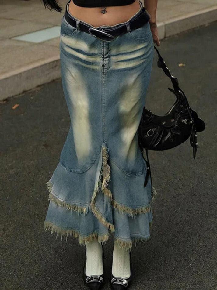 Low Waist Washed Petal Hem Midi Skirt - AnotherChill