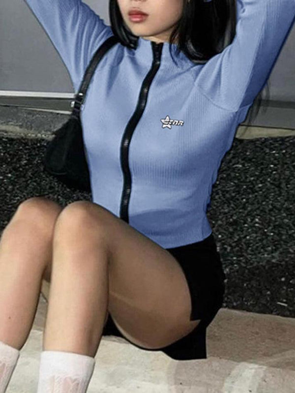 Rib Splice Collar Neck Zip Up Long Sleeve Knit - AnotherChill