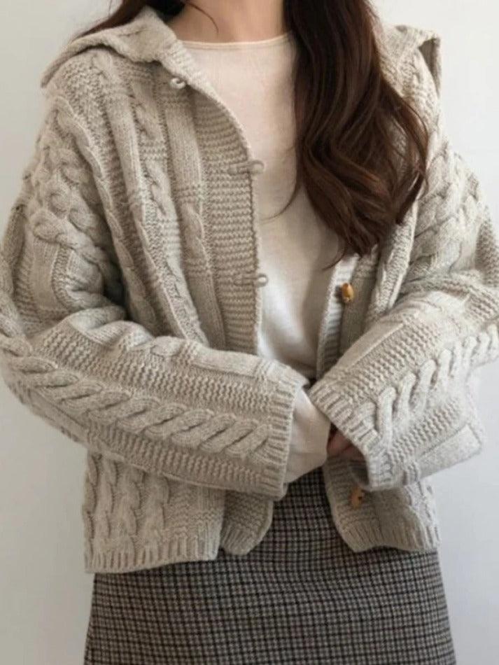 Solid Cable Knit Horn Buckle Hooded Cardigan - AnotherChill