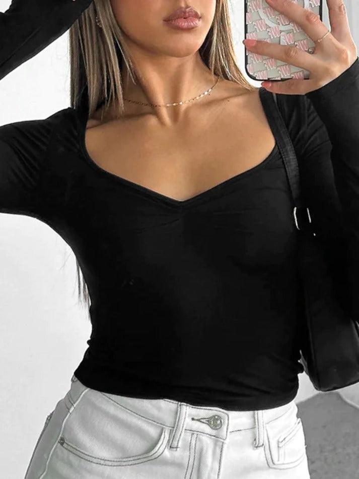 Solid Ruched Sweetheart Neck Long Sleeve Tee - AnotherChill