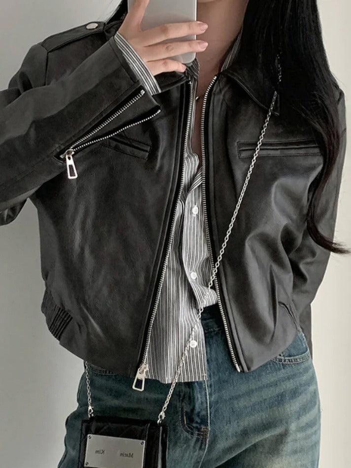 Zip Up Lapel Neck Leather Short Jacket - AnotherChill