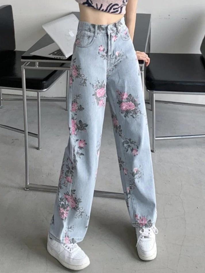 Washed Floral Print Boyfriend Jeans - AnotherChill