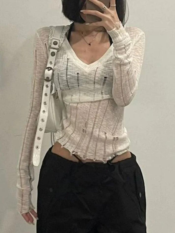 V Neck Tattered Slim Long Sleeve Knit - AnotherChill