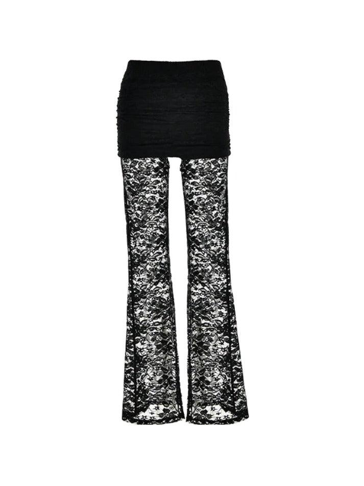 Perspective Lace Splice High Rise Flare Leg Pants - AnotherChill