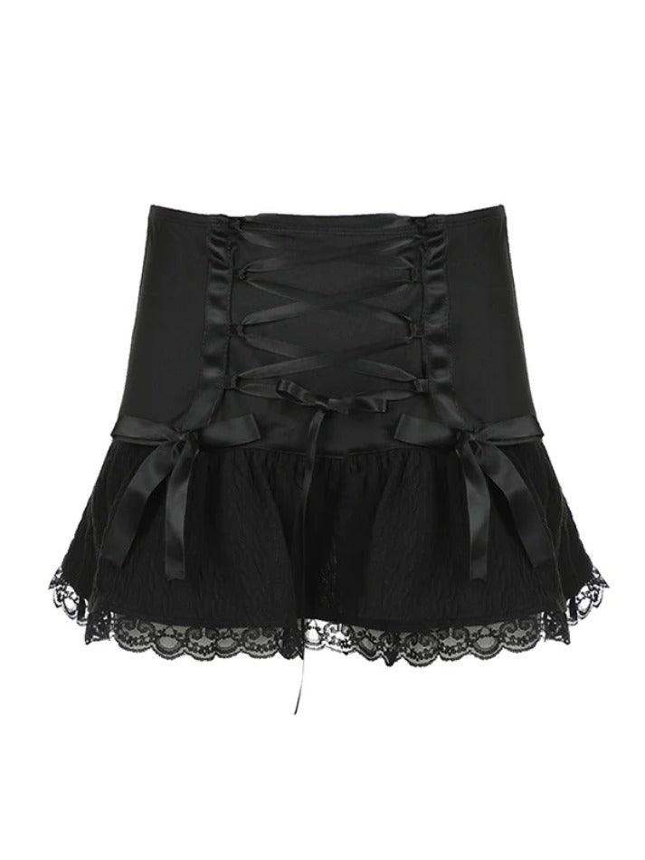 Lace Splice Crossover Tie Up Pleated Mini Skirt - AnotherChill