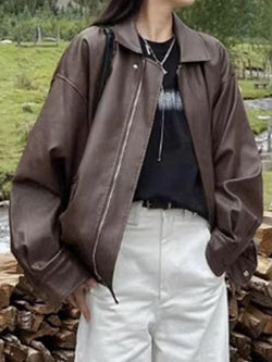 Vintage Brown Lapel Neck Zip Up Leather Jacket - AnotherChill