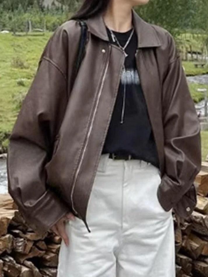 Vintage Brown Lapel Neck Zip Up Leather Jacket - AnotherChill