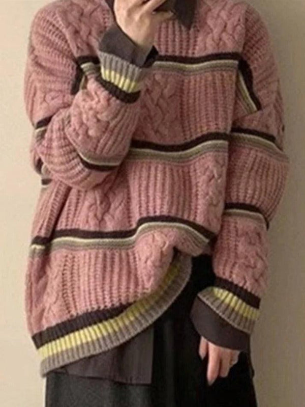 Contrast Color Striped Cable Knit Sweater - AnotherChill