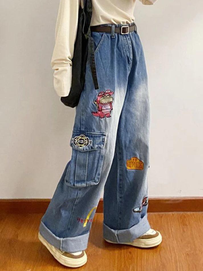 Vintage Cartoon Embroidery Big Pocket Boyfriend Jeans - AnotherChill