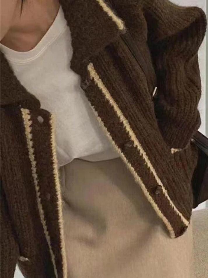 Contrast Color Trim Lapel Neck Cardigan - AnotherChill