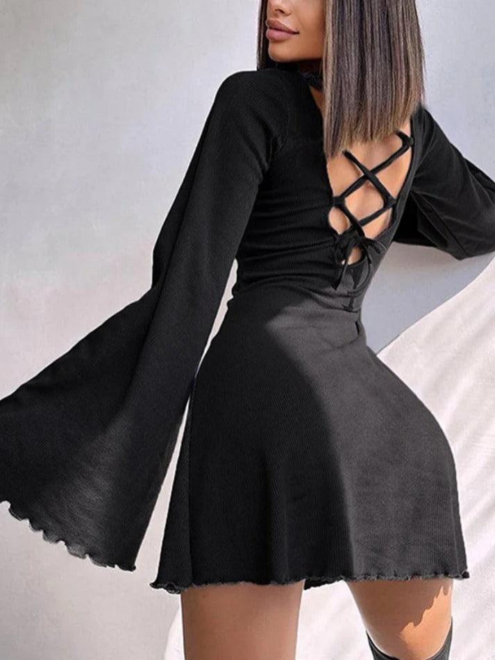 Solid Tie Back Trumpet Sleeve Fungus A Line Mini Dress - AnotherChill