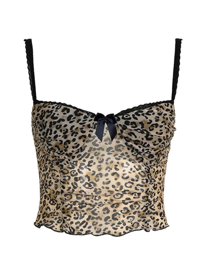 Leopard Print Bow Lace Splice Cami Top - AnotherChill