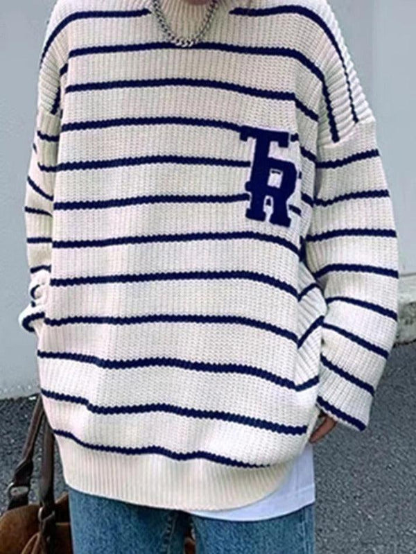 Striped Letter Embroidery Print Pullover Sweater - AnotherChill